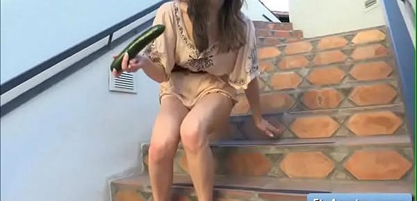  Lovely teen amateur brunette Brooke masturbate with large cucumber outdoors and reach intense orgasm